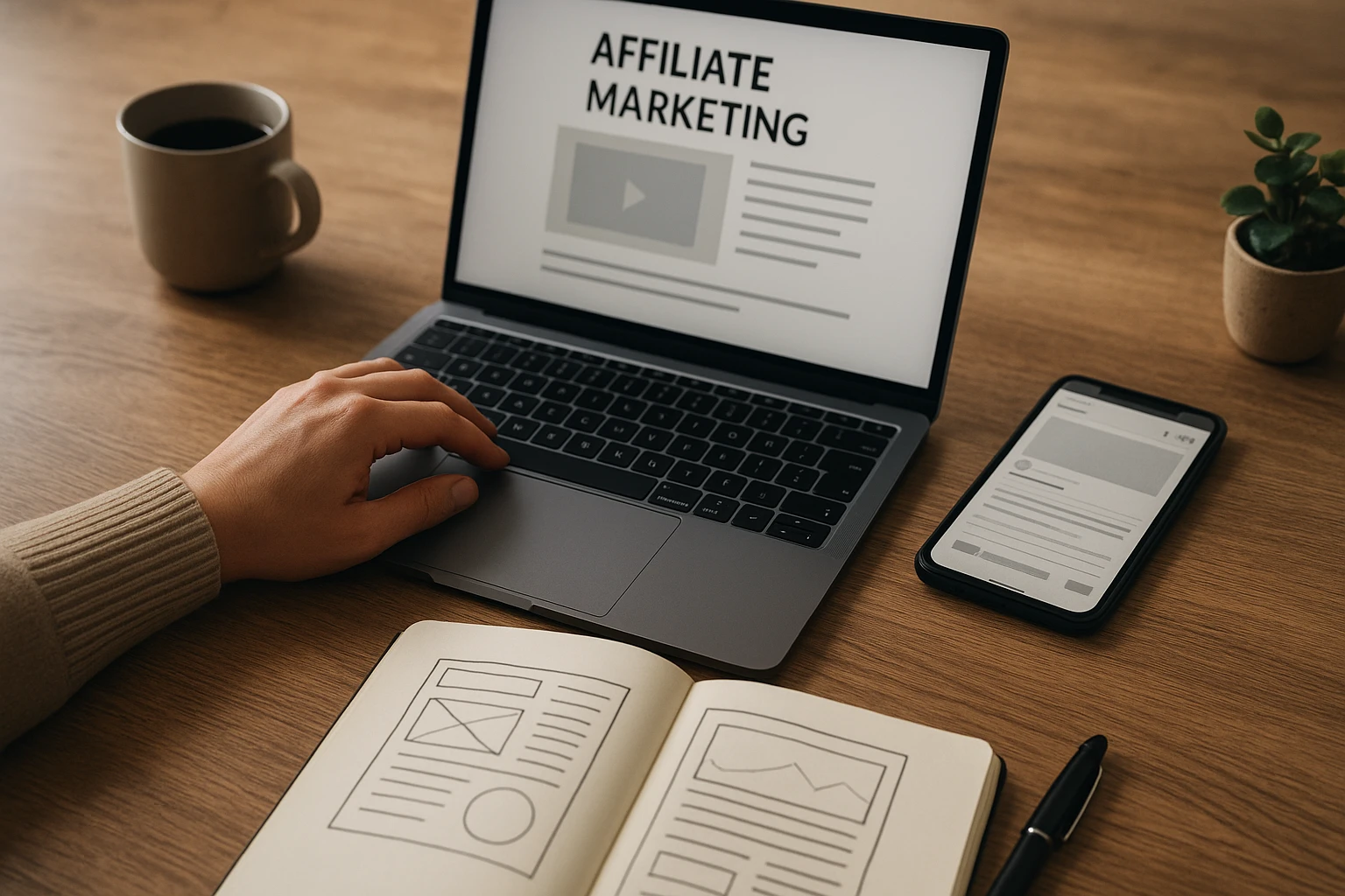 Realistische Nahaufnahme eines Arbeitsplatzes für Affiliate Marketing: Laptop, Notizbuch mit groben Skizzen, Smartphone mit geöffnetem Blog- oder Social-Media-Editor, eine Hand tippt konzentriert, keine lesbaren Texte oder Marken, natürliche Materialien, weiches Licht, ausgewogene Farben, professionelle Reportage-Fotografie.