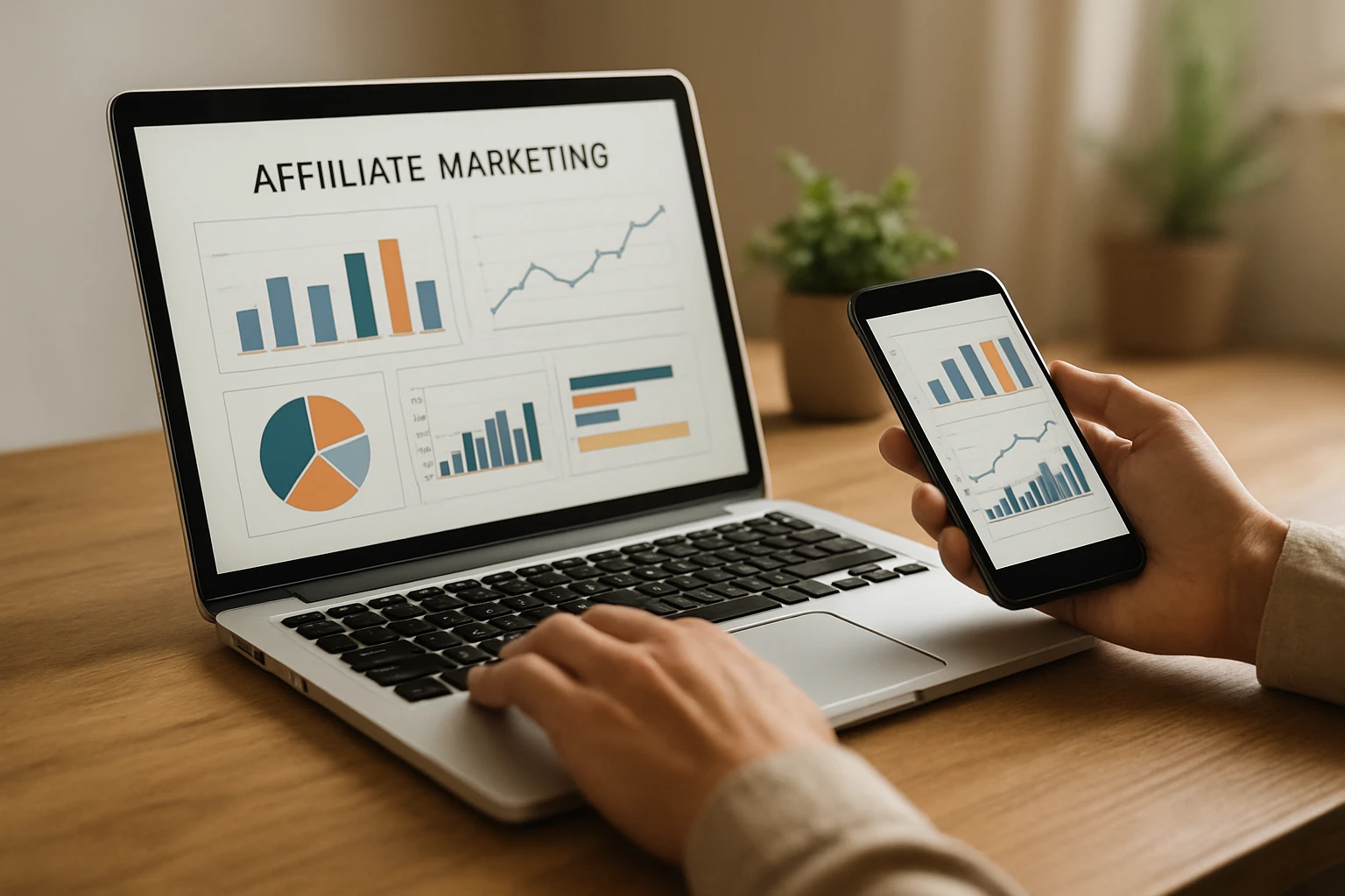 Realistic close-up photo of a person checking affiliate marketing performance on a laptop and smartphone, charts and dashboards on screen without readable text, modern workspace, subtle plants in the background, natural indoor lighting, true-to-life colors, warm neutral color temperature, crisp detail.