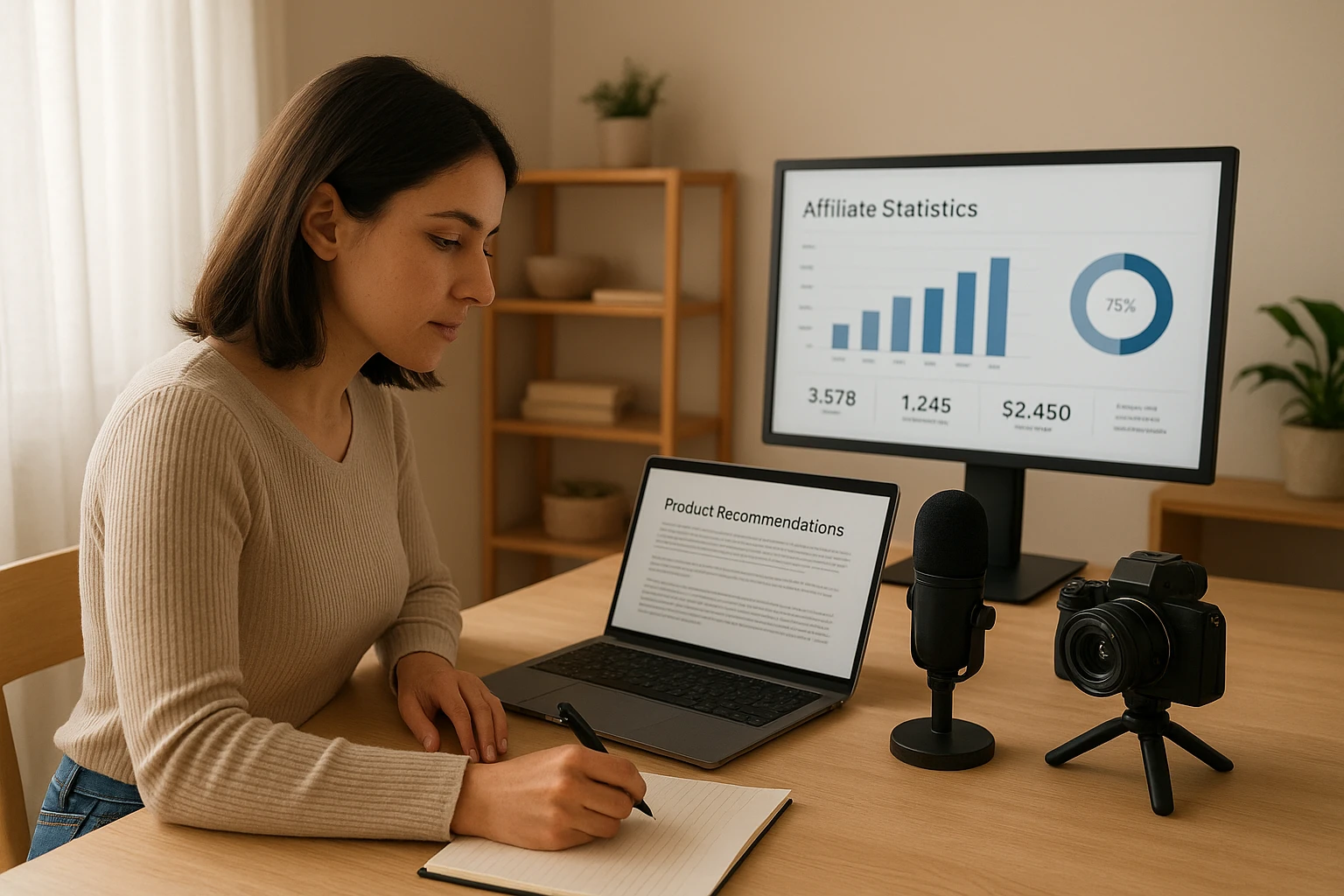 Authentische Szene aus einem kleinen Creator-Büro: eine Person erstellt einen Blogartikel über Produktempfehlungen, daneben ein Mikrofon und eine Kamera für Content-Produktion, auf dem Monitor eine neutrale Affiliate-Statistikübersicht, moderne aber schlichte Einrichtung, natürliche Farben, realistische Hauttöne, warmes Tageslicht, professionell fotografiert.