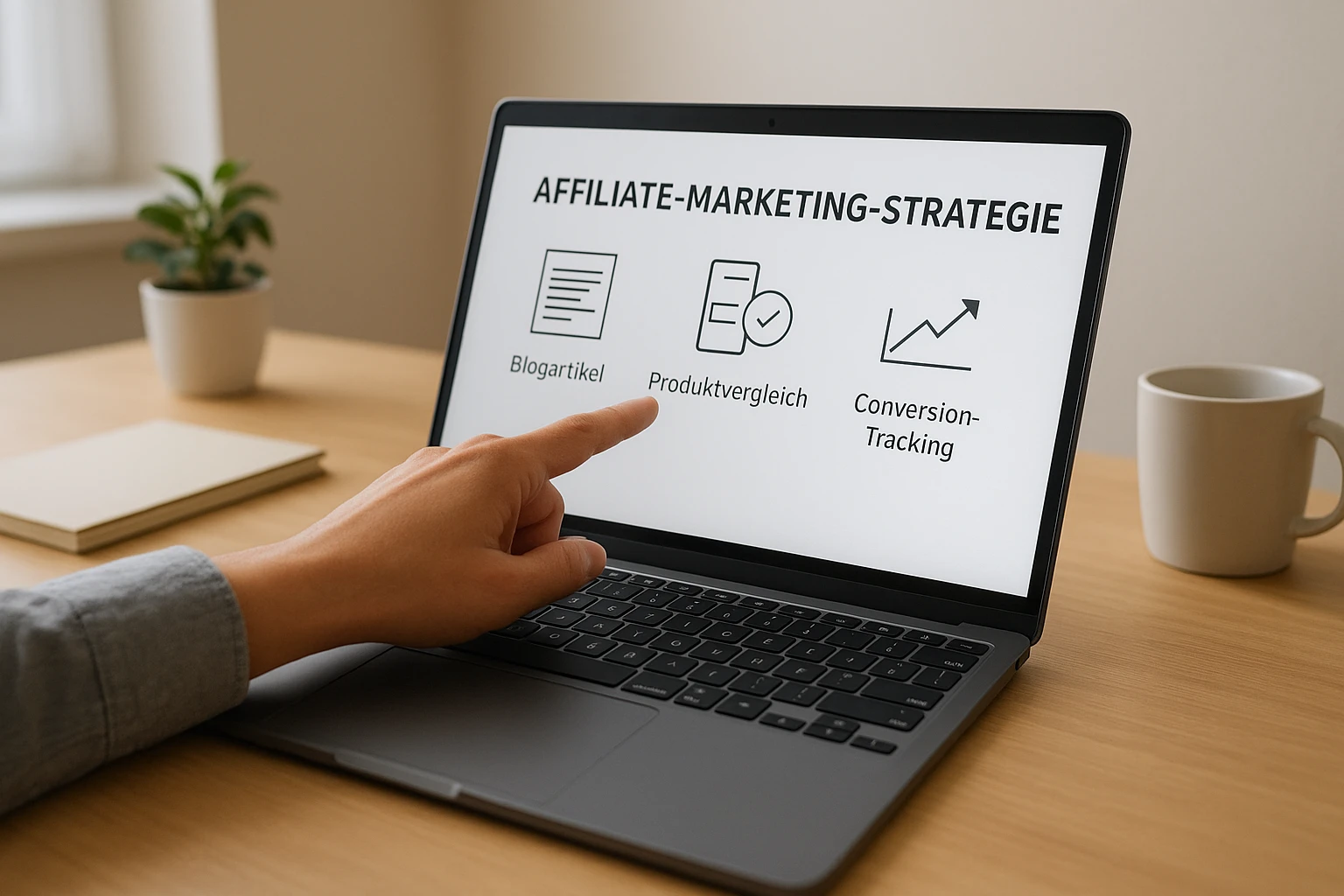 Fotorealistisches Bild einer Hand, die auf dem Laptop auf eine Affiliate-Marketing-Strategieseite zeigt: Blogartikel, Produktvergleich und Conversion-Tracking in einer neutralen, deutschsprachigen Benutzeroberfläche, sauberer Schreibtisch, natürliche Lichtstimmung, realistische Details, keine Markenlogos.