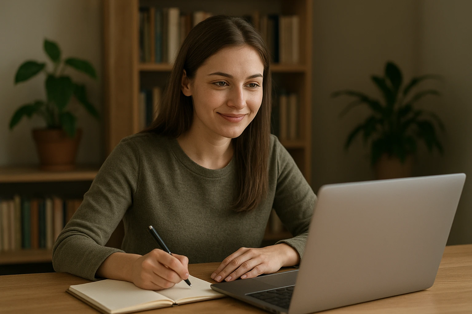 Authentisches Porträt einer motivierten Einsteigerin im Affiliate Marketing, die vor dem Laptop sitzt und Inhalte plant, im Hintergrund Bücherregal und Pflanzen, freundlicher Ausdruck, realistische Details, weiches natürliches Licht, neutrale warme Farbtemperatur, dokumentarischer Fotostil, unaufdringlich und seriös.