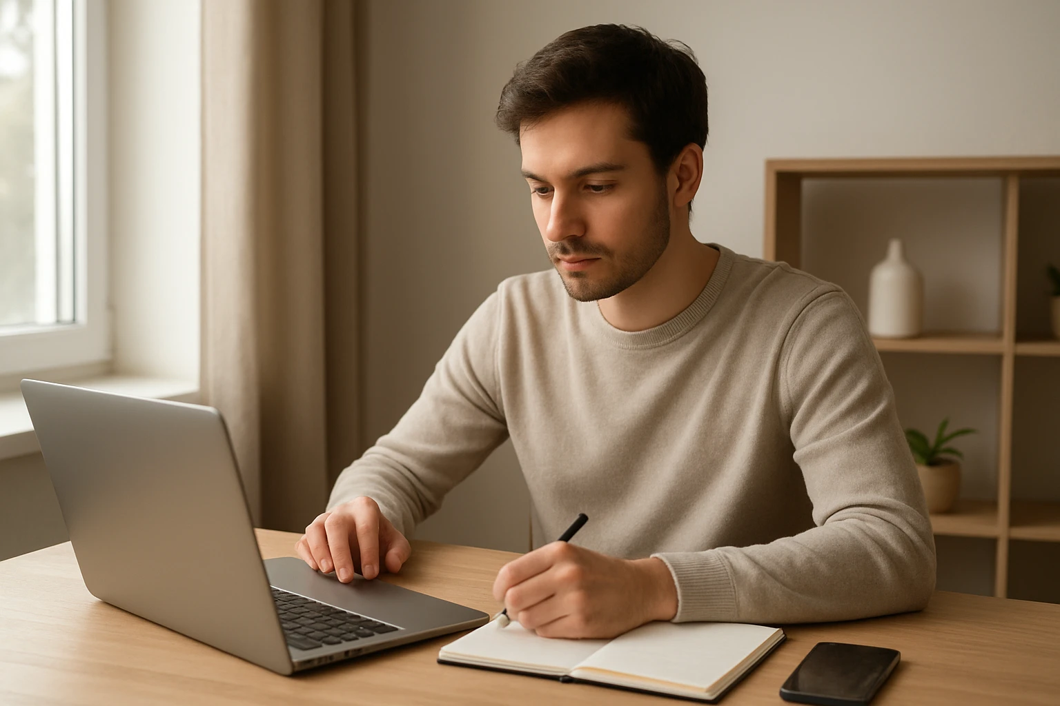 A natural, realistic photo of a young entrepreneur starting affiliate marketing at a home office, sitting at a desk with a laptop, notebook, smartphone, and a calm focused expression, soft daylight from a window, warm neutral color temperature, modern minimal workspace, no visible brand logos or readable text