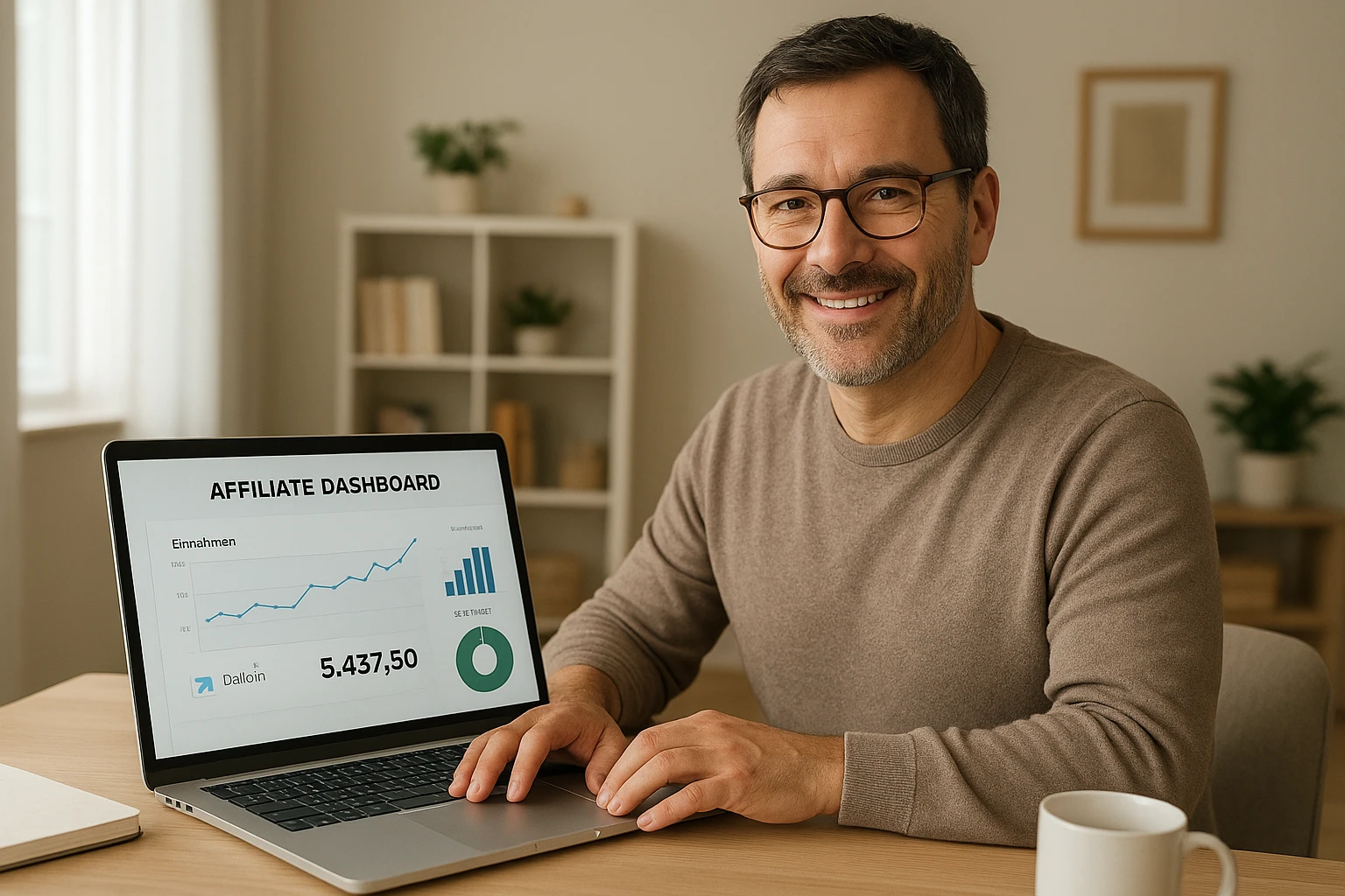 Fotorealistisches Titelbild für einen deutschen Fachartikel zum Thema Affiliate Marketing starten: ein sympathischer deutscher Online-Marketer mittleren Alters in einem modernen, hellen Home-Office, am Laptop mit Affiliate-Dashboard und Einnahmen-Statistiken auf dem Bildschirm, dezente deutsche Details, natürliche Hauttöne, warm-neutrale Farbtemperatur, realistische Lichtstimmung, hochwertige Editorial-Fotografie, horizontal