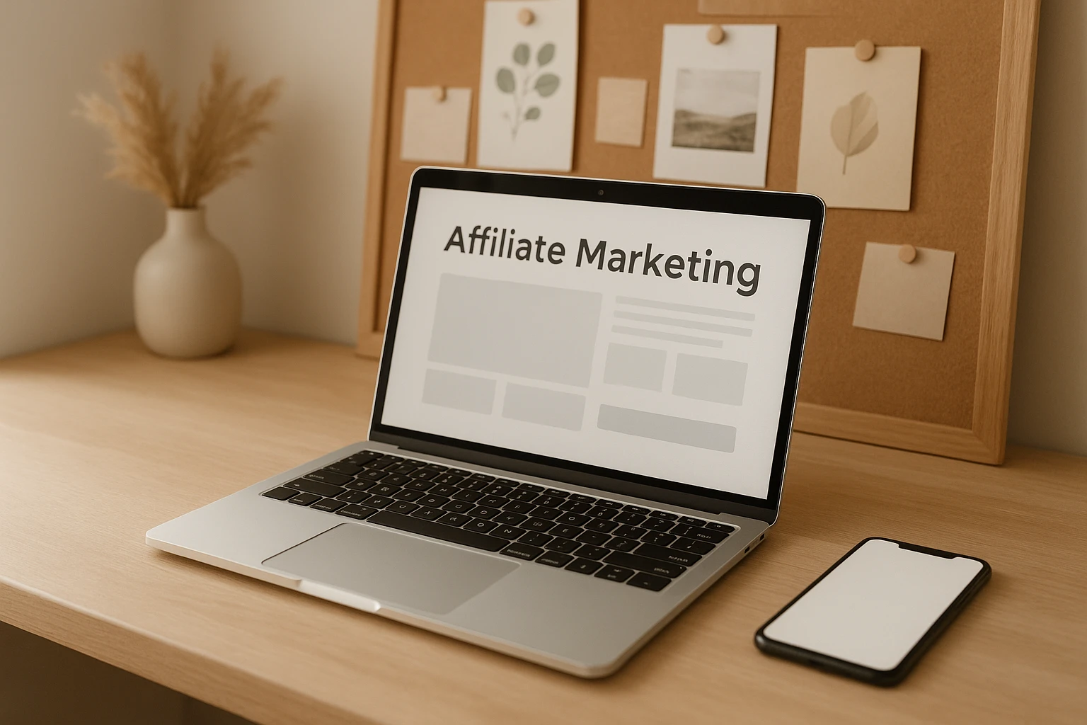 Ein natürliches, realistisches Bild eines digitalen Marketing-Setups mit Laptop, Smartphone und Pinterest-inspirierter Pinnwand im Hintergrund, Fokus auf dem Prozess des Affiliate Marketings starten, elegante, aufgeräumte Umgebung, sanfte Schatten, neutrale bis warme Farbtemperatur, fotorealistisch, keine lesbaren Texte oder Logos.