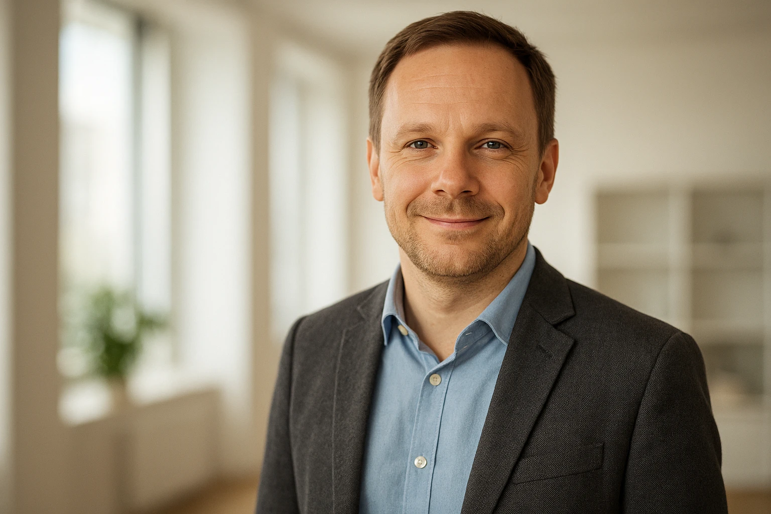 Fotorealistisches Business-Porträt im Kontext von Affiliate Marketing starten: Ralf Schmitz als sympathischer, seriöser deutscher Online-Marketing-Experte vor einem hellen Bürohintergrund, leicht lächelnd, Business-casual gekleidet, natürliche Hauttöne, weiches Tageslicht, warme neutrale Farbstimmung, authentische Magazin-/Pressefoto-Optik, horizontal