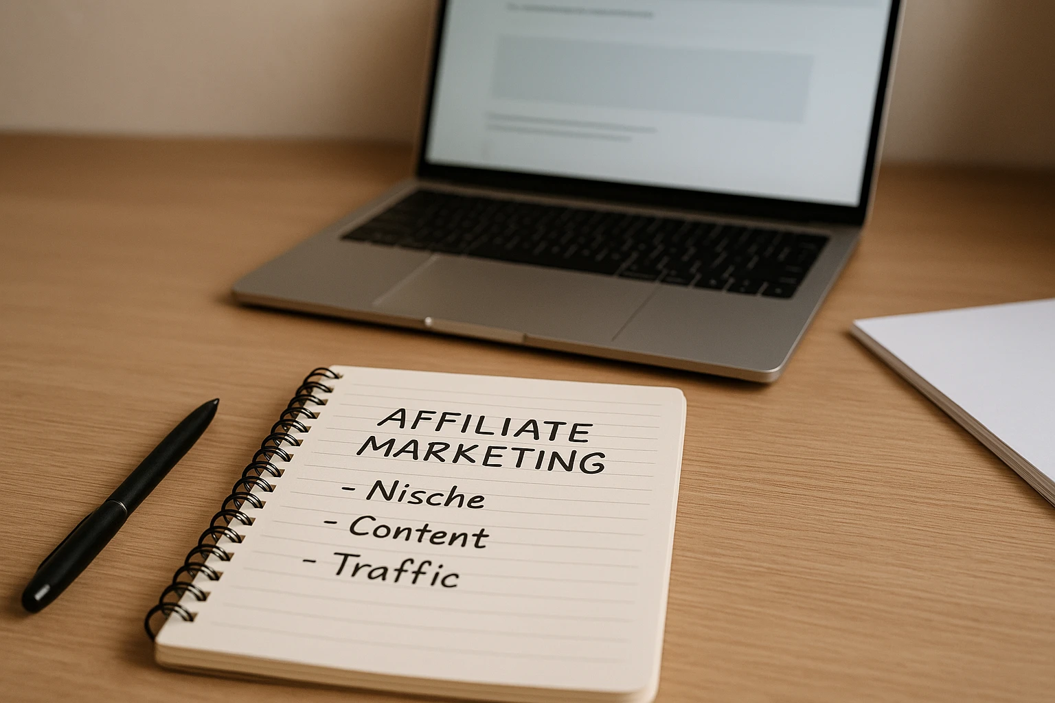 Realistische Nahaufnahme eines Schreibtischs mit Affiliate-Marketing-Unterlagen: Notizblock mit handschriftlichen Stichpunkten zu Nische, Content und Traffic, Laptop im Hintergrund mit neutraler Website-Vorschau, dezente deutsche Arbeitsatmosphäre, weiches Tageslicht, natürliche Farben, professioneller Editorial-Stil.