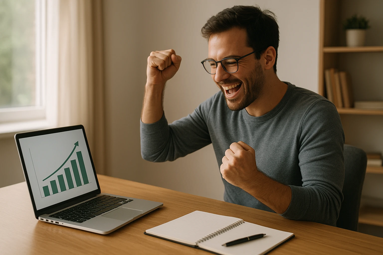 A realistic scene showing the idea of earning money online through affiliate marketing, person reviewing sales graph on a laptop and celebrating a small success, home office, natural expressions, soft daylight, balanced color temperature, no logos, no text.