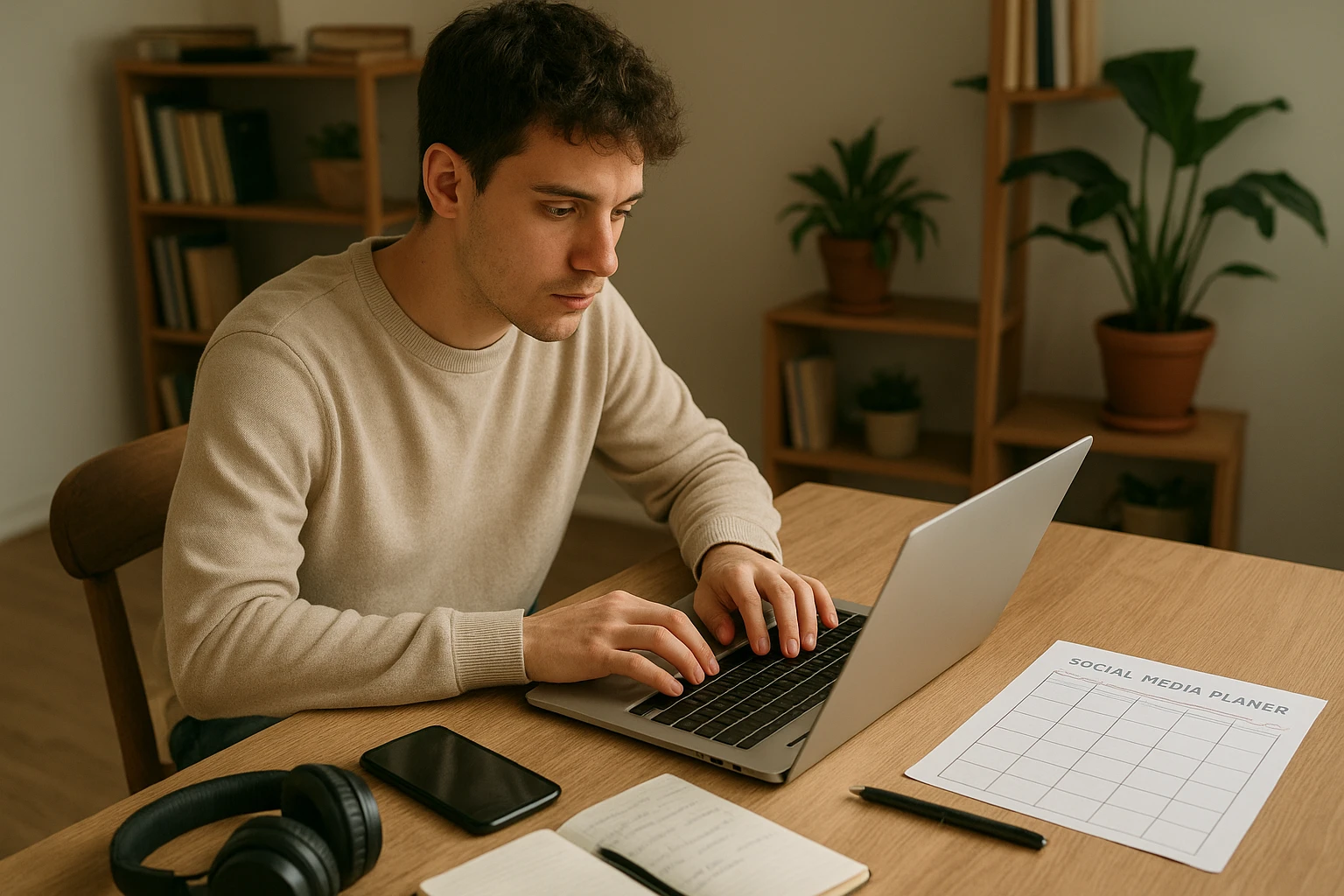 Natürliche, fotorealistische Arbeitsaufnahme eines Affiliate-Marketing-Anfängers in Deutschland: junge Person recherchiert am Laptop, daneben Smartphone, Kopfhörer, Notizen und Social-Media-Planer, im Hintergrund ein unaufdringliches Bücherregal und Pflanzen, klare realistische Details, angenehme neutrale bis leicht warme Farbtemperatur, moderne Editorial-Ästhetik, horizontal