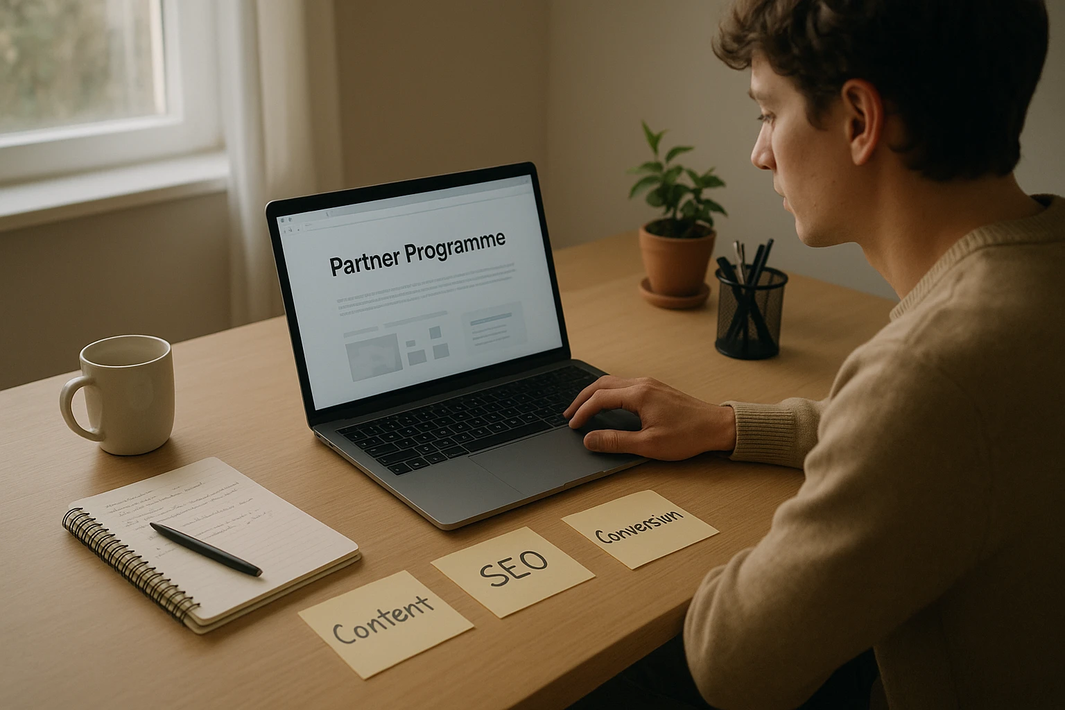 Fotorealistische Szene in einem ruhigen Homeoffice: eine Person recherchiert passende Partnerprogramme auf dem Laptop, auf dem Schreibtisch liegen Notizen zu Content, SEO und Conversion, keine Marken, keine lesbaren Texte, natürlicher Ausdruck, weiches Fensterlicht, angenehme Farbtemperatur, realistische deutsche Online-Marketing-Atmosphäre.