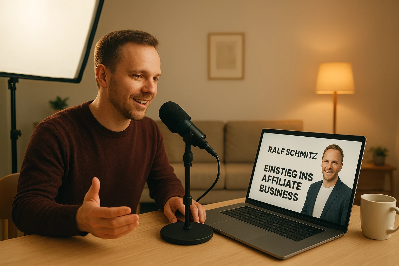 Fotorealistische Szene eines kleinen Content-Creator-Setups für Affiliate Marketing: deutscher Marketer spricht in ein Mikrofon für ein Webinar über Ralf Schmitz und Einstieg ins Affiliate Business, Laptop mit Präsentation, Softbox-Licht natürlich und unaufdringlich, echte Wohnraum-Atmosphäre, ausgewogene warme Farben, authentischer Online-Kurs-Look, horizontal】}}{}