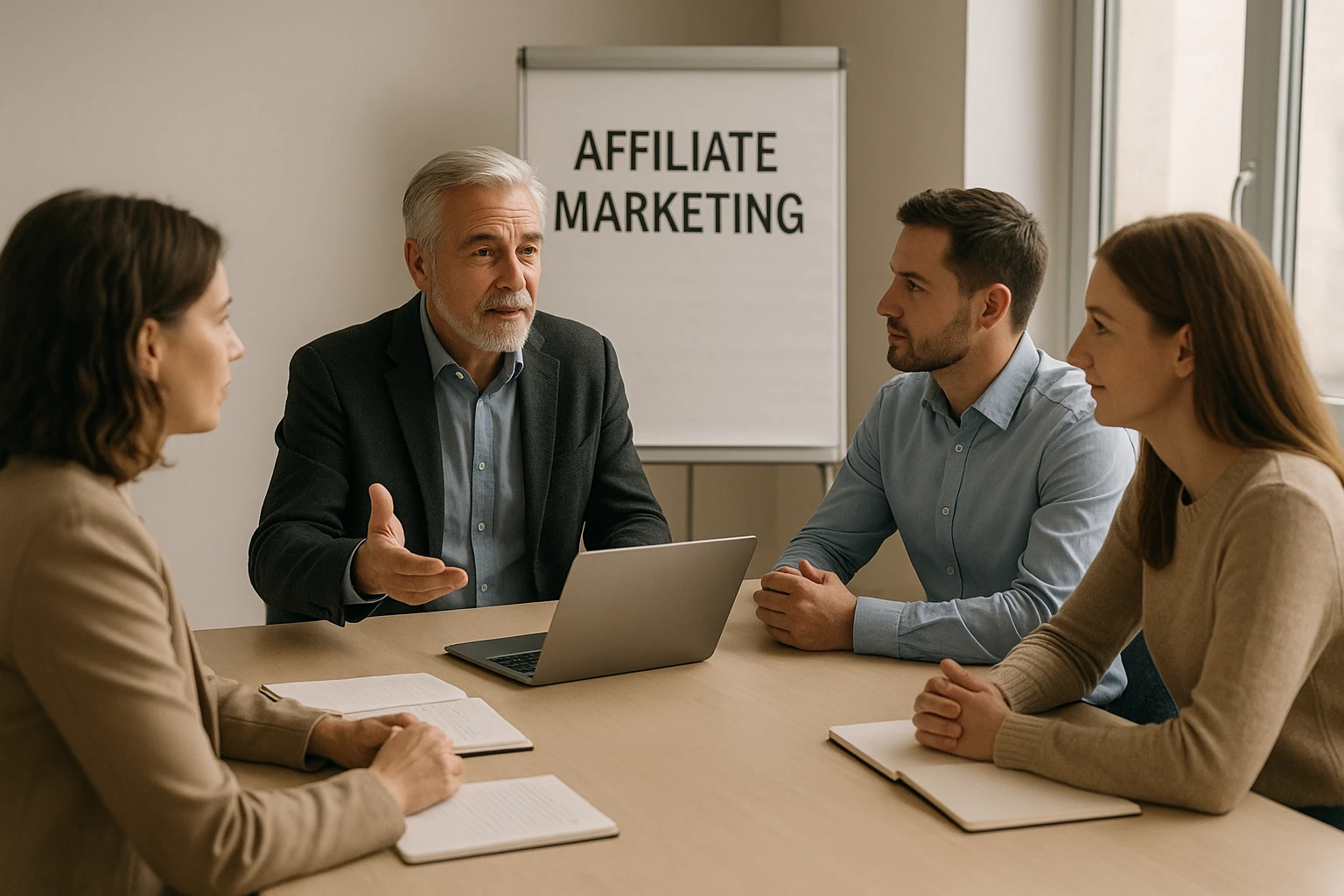 Editorial photo of an experienced German business coach discussing affiliate marketing with a small group in a modern seminar room, notebook and laptop open, engaged expressions, realistic scene, soft neutral lighting, no logos, no text.