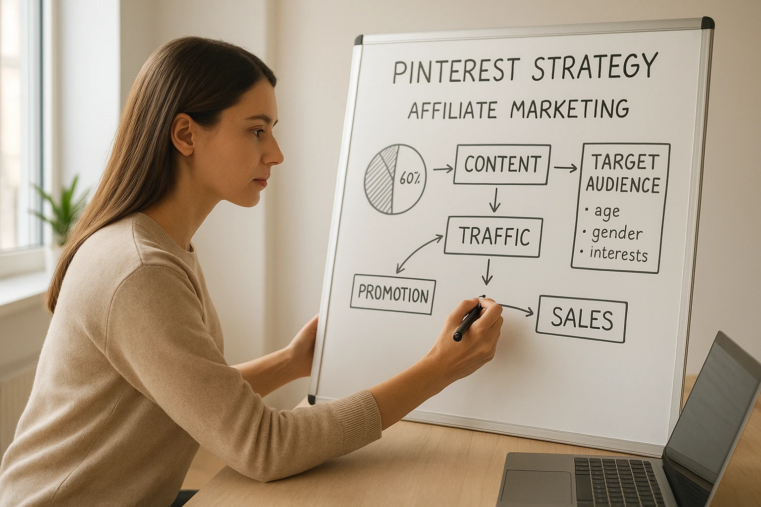Ein fotorealistisches Bild einer Person, die eine Pinterest-Strategie für Affiliate Marketing auf einem Whiteboard plant, mit Diagrammen, Pfeilen, Zielgruppen-Notizen und Laptop auf dem Tisch, moderne helle Büroatmosphäre, natürliche Beleuchtung, dezente warme Farbtemperatur, authentisch und professionell.