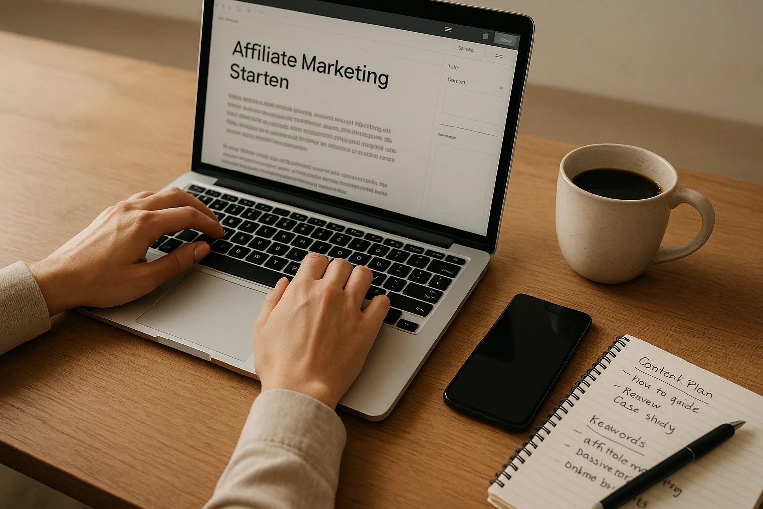 Realistische Nahaufnahme eines Arbeitsplatzes zum Thema Affiliate Marketing starten: Laptop mit offenem Content-Management-System, Smartphone, Kaffeetasse, Notizen mit grober Content- und Keyword-Planung, Hände tippen konzentriert, natürliche Materialien, dezente Farben, ausgewogene natürliche Lichtstimmung, glaubwürdige Editorial-Fotografie.