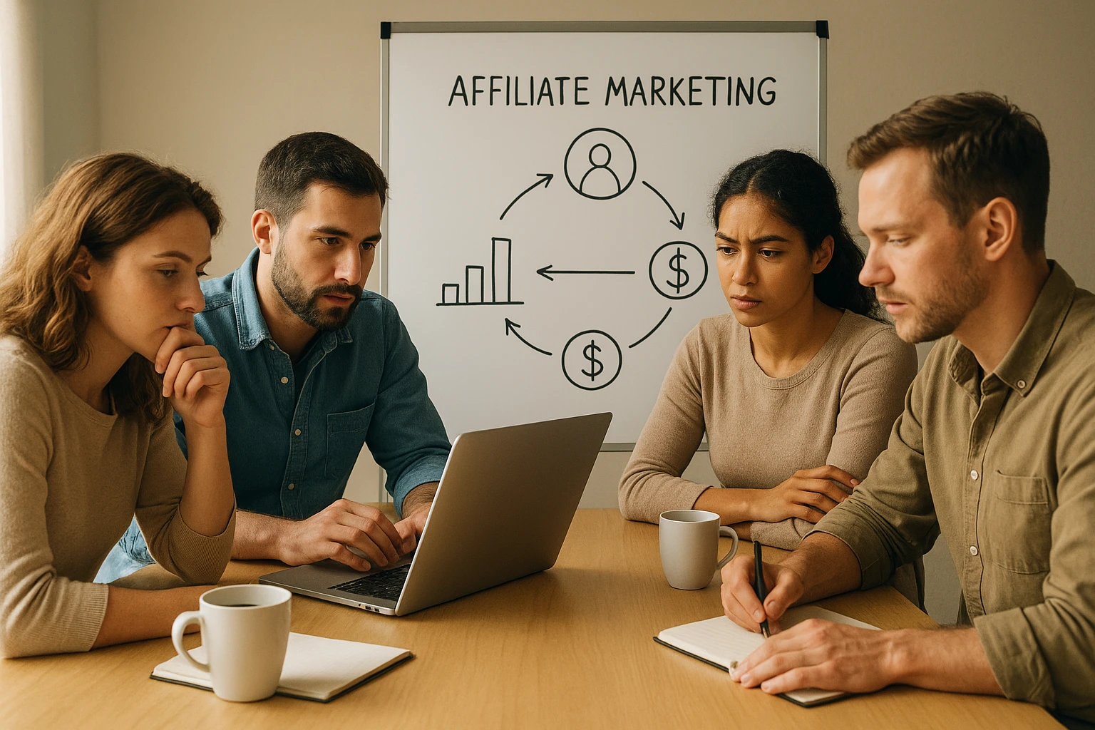 Natürliche, realistische Szene eines kleinen Teams beim Brainstorming zu Affiliate Marketing: Whiteboard mit einfachen Skizzen, Laptop, Coffee Cups, konzentrierte Stimmung, keine lesbaren Texte oder Marken, glaubwürdige Details, ausgewogene warme Farbtemperatur, hochwertige Business-Fotografie.