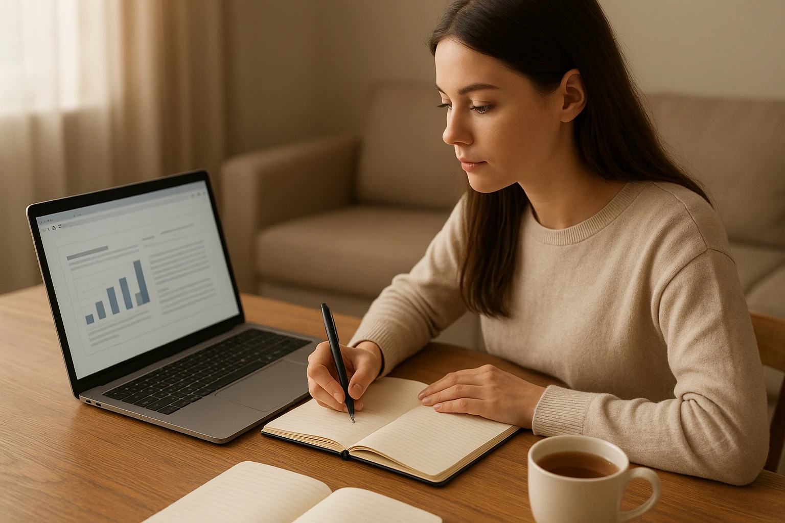 A realistic image of a person studying online marketing concepts at home, with open laptop, browser-like generic interface, notebooks, and a cup of tea, calm focused mood, natural indoor lighting, warm neutral color temperature, no brand logos, no readable text on screens.