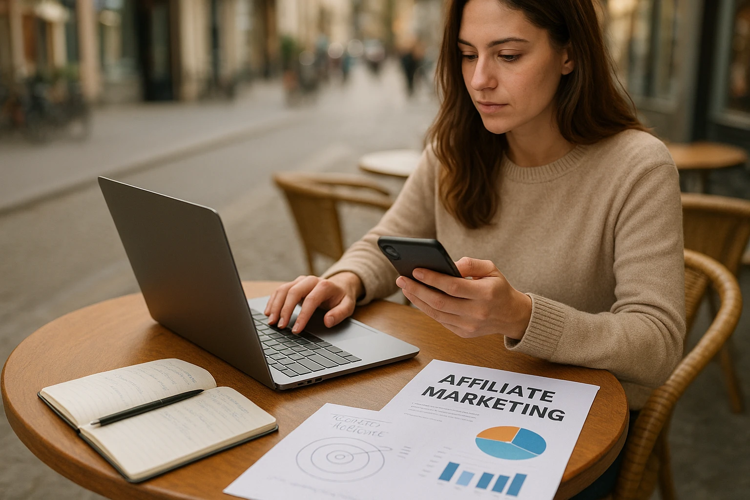 Natürliche Außen-/Café-Szene: eine Person arbeitet mit Laptop und Smartphone an Affiliate-Marketing-Inhalten, Notizen und Zielgruppenanalyse auf dem Tisch, leichtes Stadtumfeld im Hintergrund unscharf, realistische Lichtverhältnisse, ausgewogene Farbtemperatur, moderne Lifestyle-Fotografie, authentisch und ungestellt.