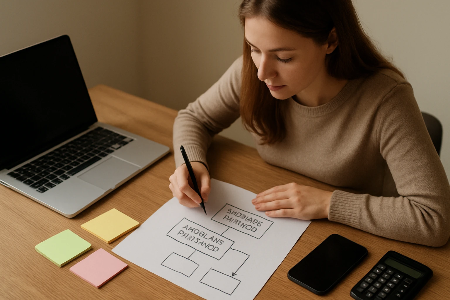 A natural, realistic photo concept for 'affiliate marketing starten': a beginner organizing a simple online business strategy on paper beside a laptop, sticky notes, smartphone, and calculator on a wooden desk, tidy and believable, soft daylight, neutral warm color temperature, no logos or text visible on screens or papers.