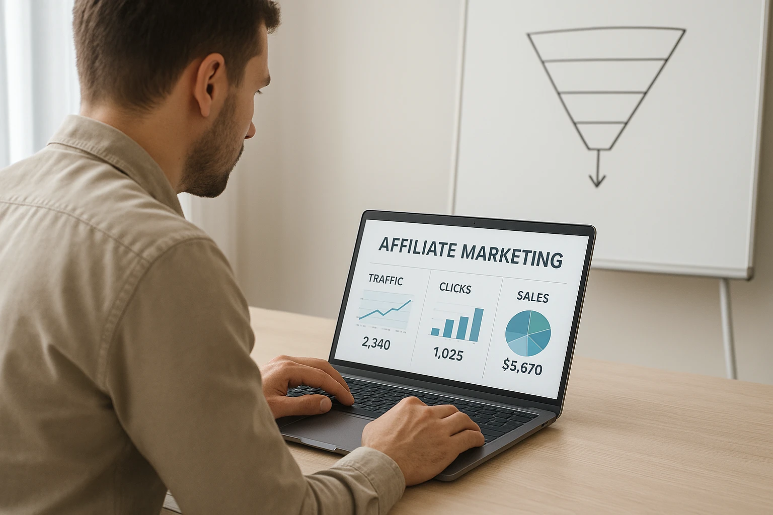 Realistische Bildszene für einen Einsteiger-Artikel: Team- oder Einzelperson schaut auf einen Laptop mit grafischer Auswertung zu Traffic, Klicks und Umsatz im Affiliate Marketing, daneben ein Whiteboard mit einfacher Funnel-Skizze, helle freundliche Raumbeleuchtung, natürliche Farbwiedergabe, seriös und glaubwürdig, keine auffälligen Werbeelemente, journalistischer Fotostil.