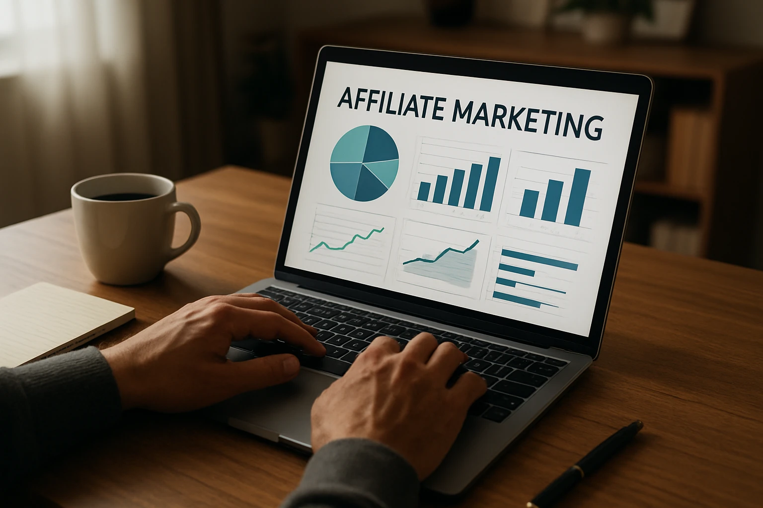 A realistic scene of online money earning through affiliate marketing: close-up of a laptop screen with generic analytics charts, a person’s hands typing, coffee cup and planner on desk, subtle glow from the screen, balanced natural lighting, professional home office, no logos, no readable text
