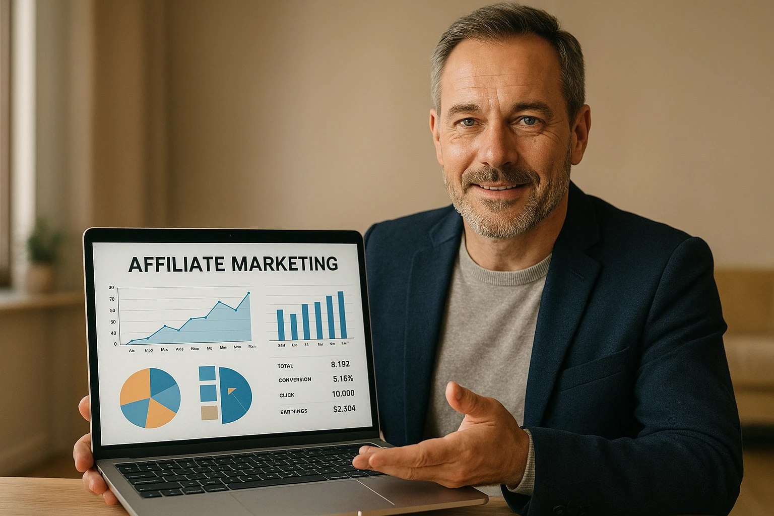Photorealistic image of a middle-aged German entrepreneur presenting affiliate marketing strategy on a laptop screen during a video call, visible charts and analytics on screen, professional but approachable atmosphere, natural lighting, realistic skin tones, neutral warm color temperature.