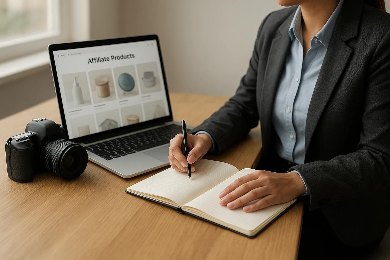 Realistische Szene einer kleinen Geschäftsfrau oder eines Geschäftsmanns beim Erstellen von Pinterest-Pins für Affiliate-Produkte, mit Kamera, Laptop und Notizbuch auf einem Holzschreibtisch, freundliches Tageslicht, natürliche Farben, hochwertige Fotografie-Ästhetik, keine Markenlogos, keine übertriebenen Effekte.