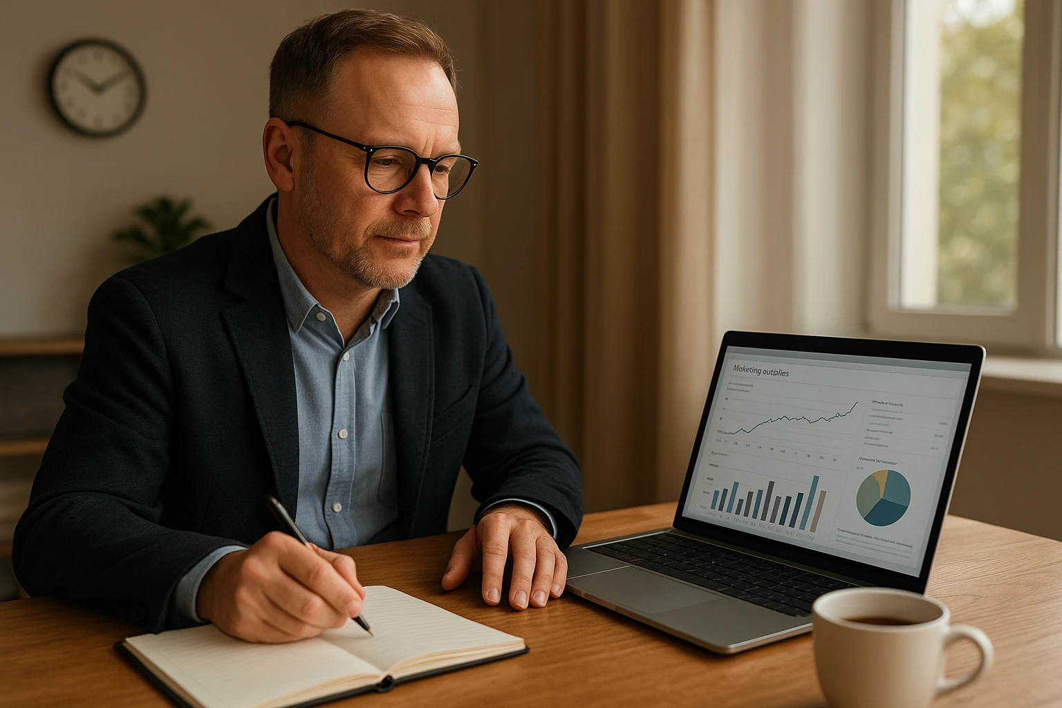 Realistische Szene für einen Artikel über Ralf Schmitz und Affiliate Marketing: ein erfahrener deutscher Unternehmer bei einer Online-Strategie-Session, sitzt an einem Schreibtisch mit Laptop, Notizbuch, Kaffeetasse und sichtbar geöffneten Marketing-Analytics, professionelle, glaubwürdige Umgebung, natürliche Farben, ausgewogene warme Tageslichtstimmung, kein Studio-Look, fotorealistisch, horizontal