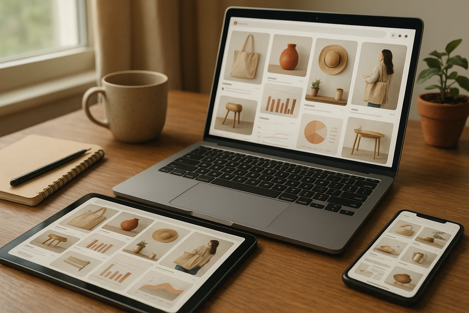 Natürliche und realistische Nahaufnahme eines Arbeitsplatzes mit Laptop, Tablet und Smartphone, auf denen eine Pinterest-ähnliche Oberfläche mit Produktideen und Marketinganalysen zu sehen ist, kreatives Home-Office, weiches Fensterlicht, harmonische Farben, sehr hohe Detailtiefe, keine lesbaren Marken oder UI-Texte.