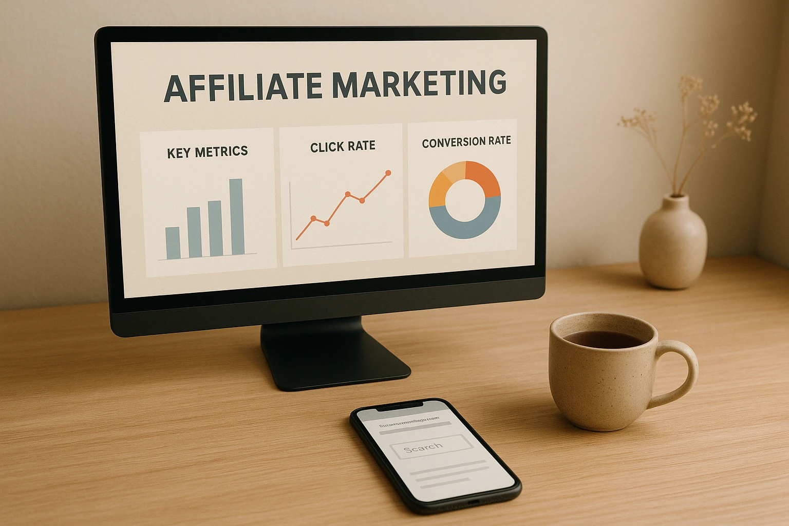 Fotorealistisches Bild eines Online-Marketing-Setups zum Thema Affiliate Marketing starten: Monitor mit neutralen Kennzahlen, Klick- und Conversion-Diagrammen, daneben eine Tasse Tee und ein Smartphone mit geöffnetem Browser, minimalistische Umgebung, natürliche Materialien, angenehme warme Farbtemperatur.