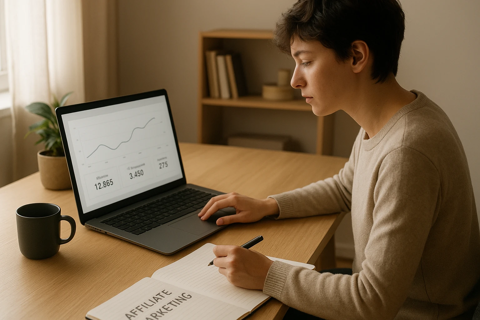 Natürliche, realistische Szene in einem modernen Homeoffice: eine junge Person sitzt am Schreibtisch vor Laptop und Notizblock und plant den Einstieg in Affiliate Marketing, auf dem Bildschirm ein neutrales Analyse-Dashboard mit Klickzahlen und Conversion-Kennzahlen, warme neutrale Farbtemperatur, weiches Tageslicht, hochwertige Reportagefotografie, keine Logos, keine Marken, authentischer Arbeitsalltag.