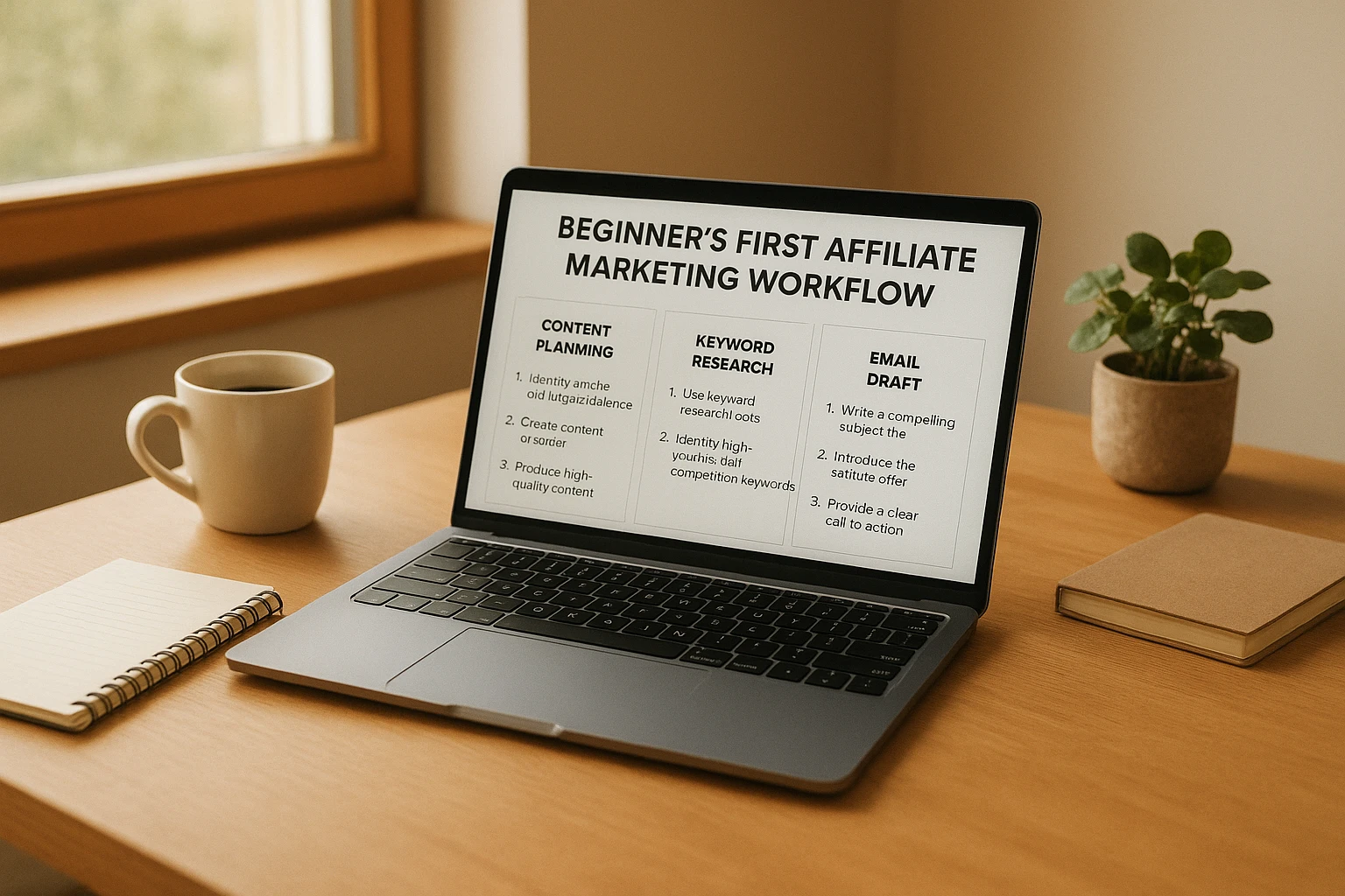 Photorealistic image of a beginner's first affiliate marketing workflow on a laptop screen with content planning, keyword research, and email draft visible, cozy and tidy workspace, daylight from window, neutral warm color temperature, realistic and natural.