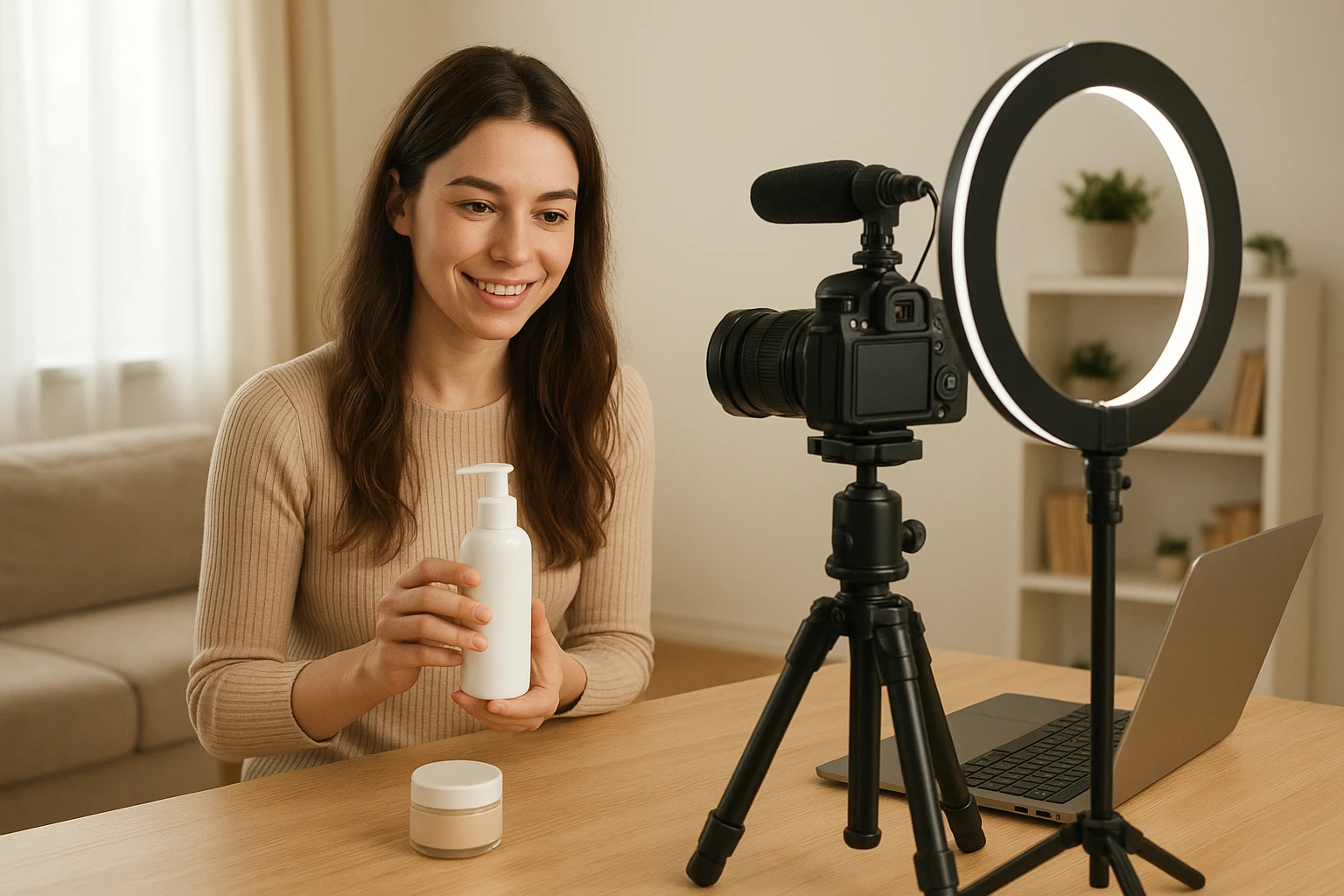 A realistic lifestyle image of a content creator preparing affiliate marketing content, filming a product review setup with a camera, microphone, ring light, and laptop in a tidy room, natural daylight, warm but neutral color temperature, authentic everyday atmosphere, no branded products