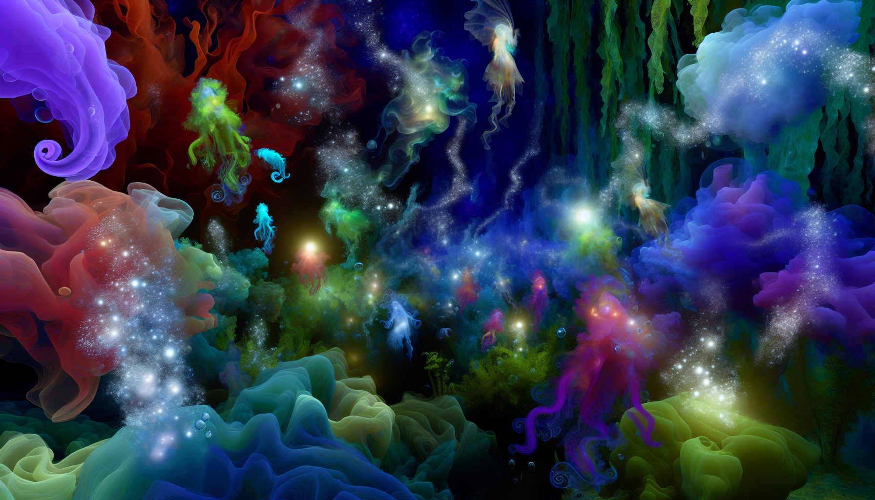 A fantastical scene of swirling, vividly colored creatures underwater, illuminated by a otherworldly light from above. The creatures are various shapes and sizes, some like delicate, jeweled seahorses, others like billowing jellyfish with bioluminescent hues. Dense patches of coral and swirling underwater leaves form a backdrop, and bubbles stream upwards from an unseen source. The atmosphere is calming and magical.