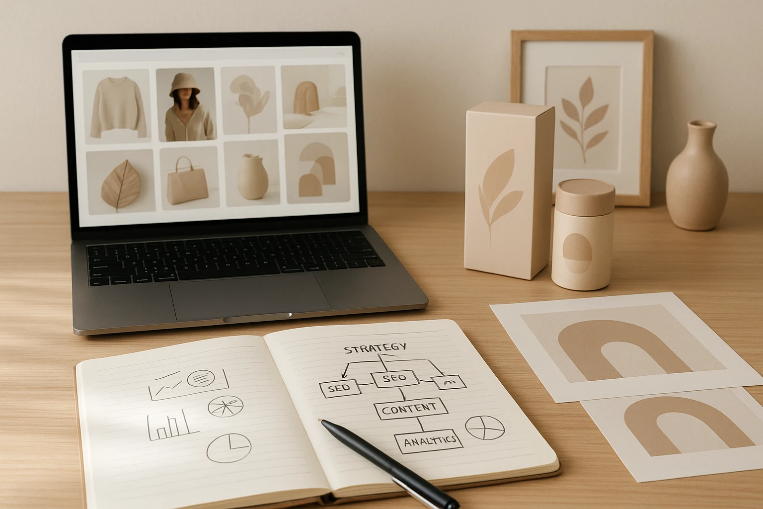 Fotorealistisches Bild einer kleinen Content-Marketing-Szene: ein Laptop mit Pinterest-ähnlichen Kacheln, daneben Grafiken, Produktverpackungen und ein geöffnetes Notizbuch mit Strategie-Skizzen, aufgeräumter Arbeitsplatz, moderne Ästhetik, natürliche Farben, realistische Lichtreflexe, keine Markenkennzeichen