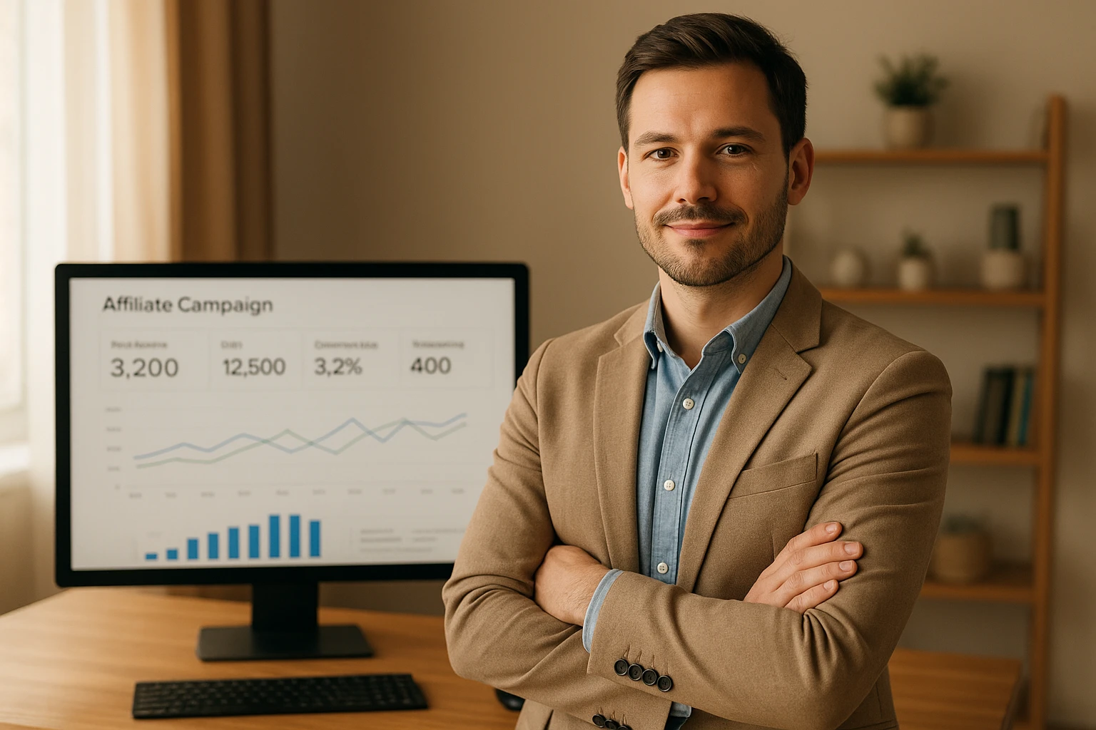 Natural realistic portrait of a confident German online marketing specialist in a smart casual outfit, standing beside a desk with affiliate campaign metrics on a monitor, subtle smile, professional home-office background, warm natural light, realistic skin tones, no text.