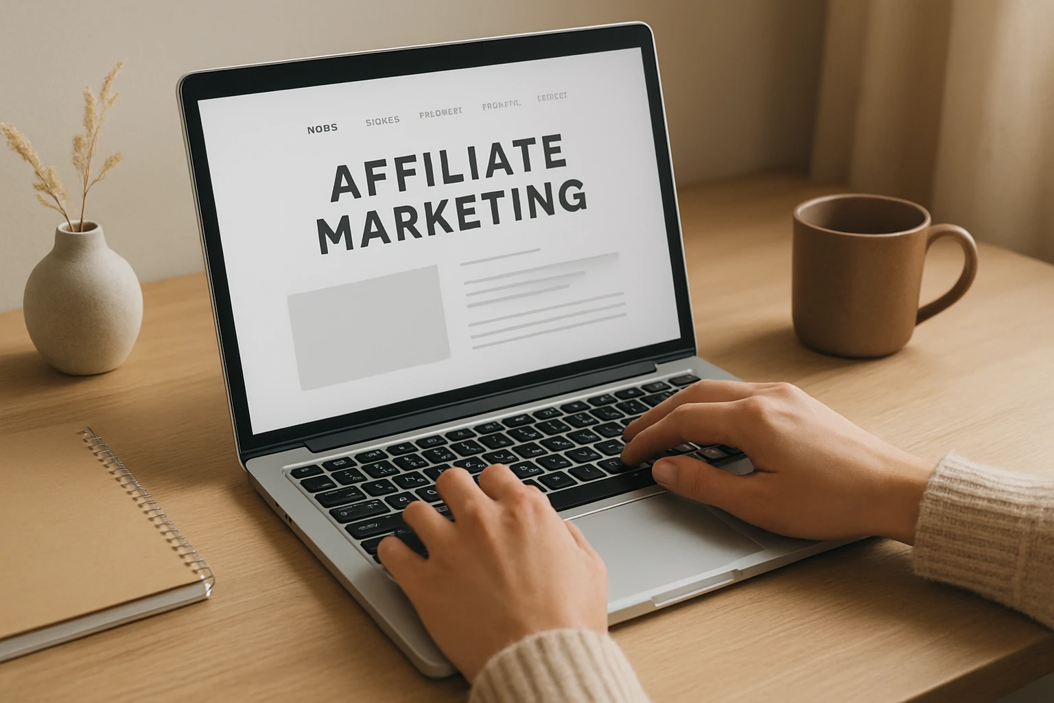 Natural realistic photo of a creator launching an affiliate marketing website, laptop open with a clean website layout, hands typing, subtle desk accessories, soft daylight from the side, true-to-life color temperature, professional editorial style, no logos, no text overlays.