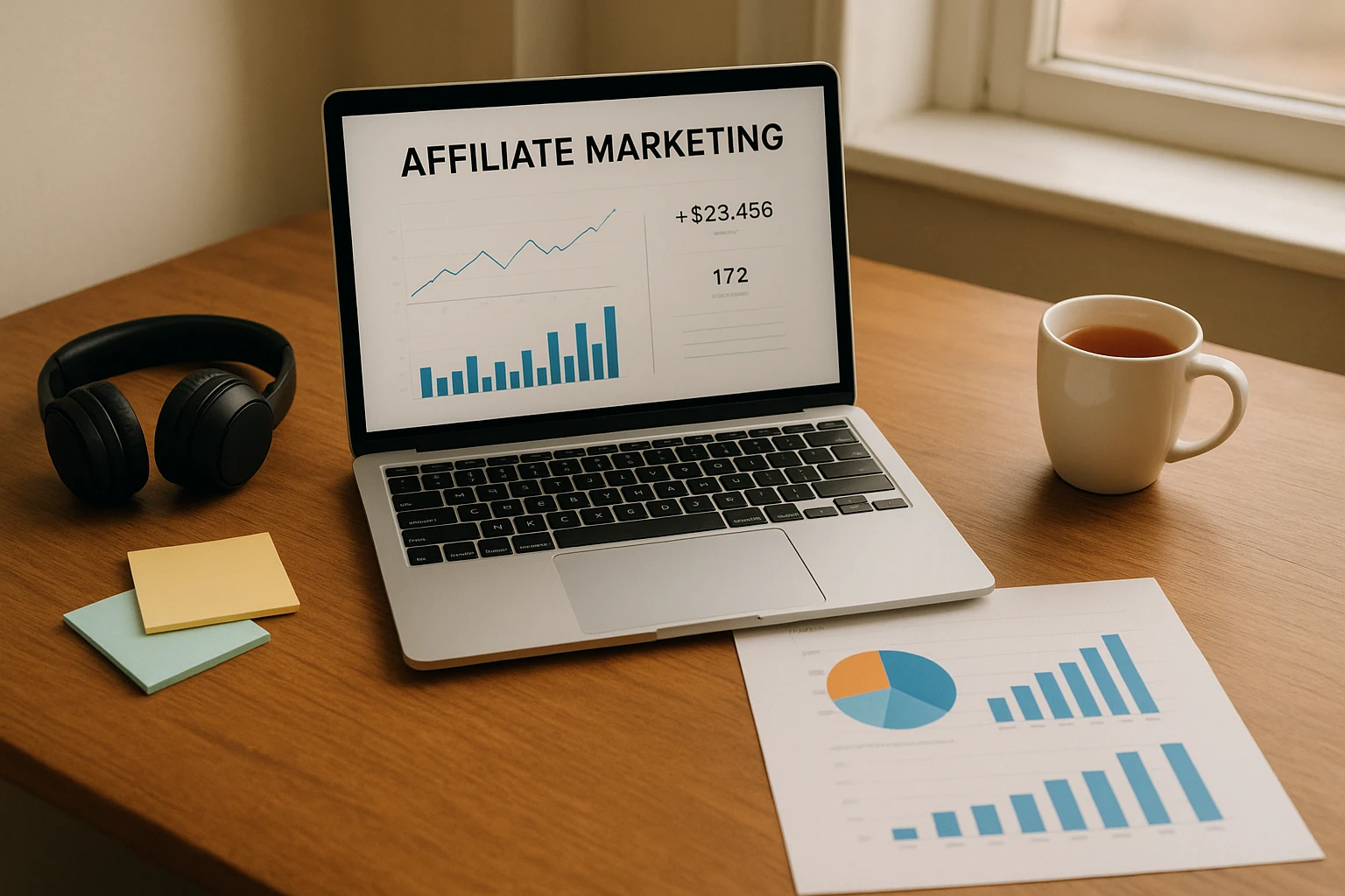 Photorealistic workspace with affiliate marketing tools arranged neatly: laptop, analytics graphs, sticky notes, headphones, and a cup of tea on a wooden desk, soft window light, clean composition, natural and realistic, appropriate warm color temperature.