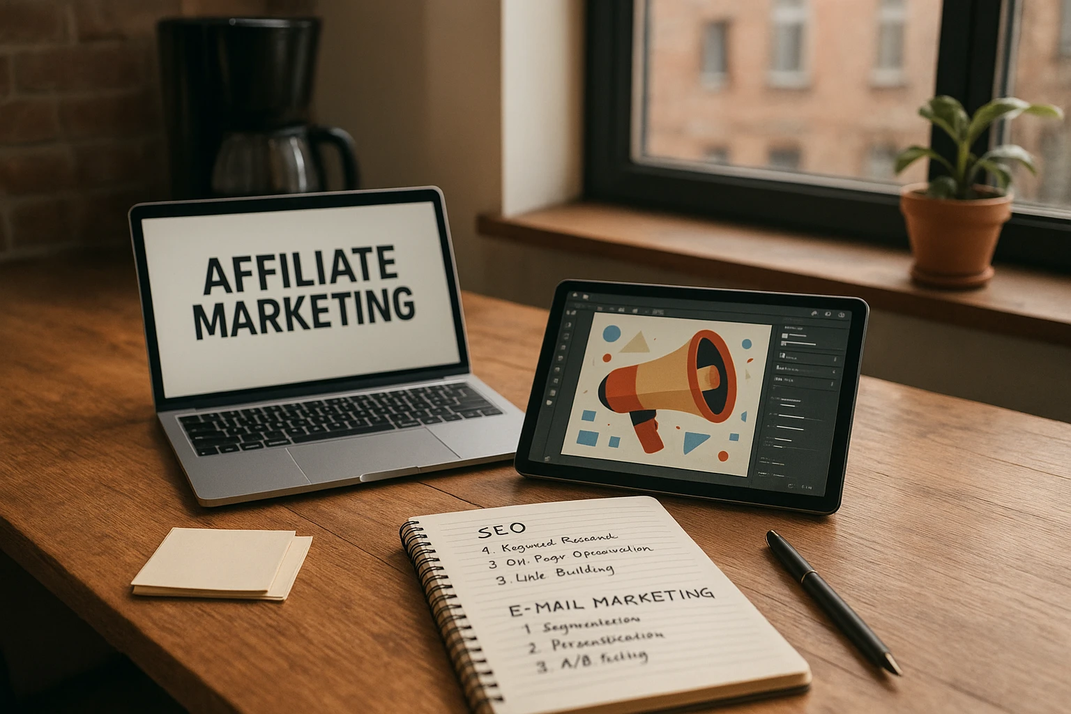 Natürliche, realistische Szene eines kreativen Workflows für Affiliate Marketing: Kaffeemaschine im Hintergrund, Laptop offen, Tablet mit Grafik-Editor, Notizen zu SEO und E-Mail-Marketing, urbanes deutsches Wohn- oder Arbeitsumfeld, ausgewogene warme Farbtemperatur, moderne Stockfoto-Ästhetik.
