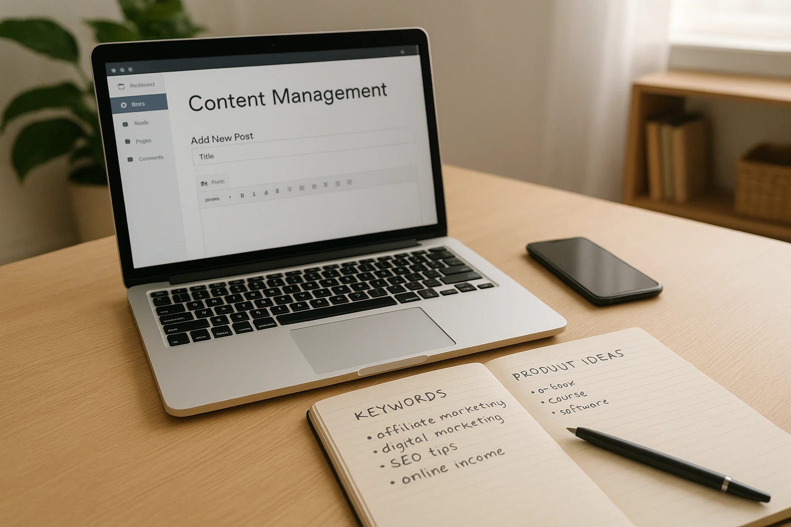 Natürliche, realistische Aufnahme eines Arbeitsbereichs für Affiliate Marketing: Laptop mit geöffnetem Content-Management-System, Smartphone daneben, Notizen zu Keywords und Produktideen, im Hintergrund ein helles Zimmer mit Pflanze und Regal, ausgewogene, leicht warme Farbtemperatur, hochwertiger Business-Lifestyle-Look.