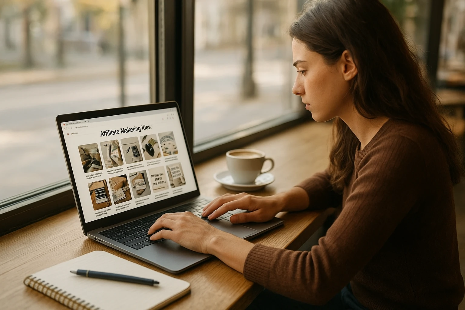 Realistische Außenaufnahme einer Person in einem Café, die auf dem Laptop Affiliate-Marketing-Ideen für Pinterest recherchiert, inspirierende Arbeitsatmosphäre, Fensterplatz, Kaffee, Smartphone, Notizen, dezente Hintergrundunschärfe, natürliche Farbwiedergabe, warmes Tageslicht, sehr authentisch