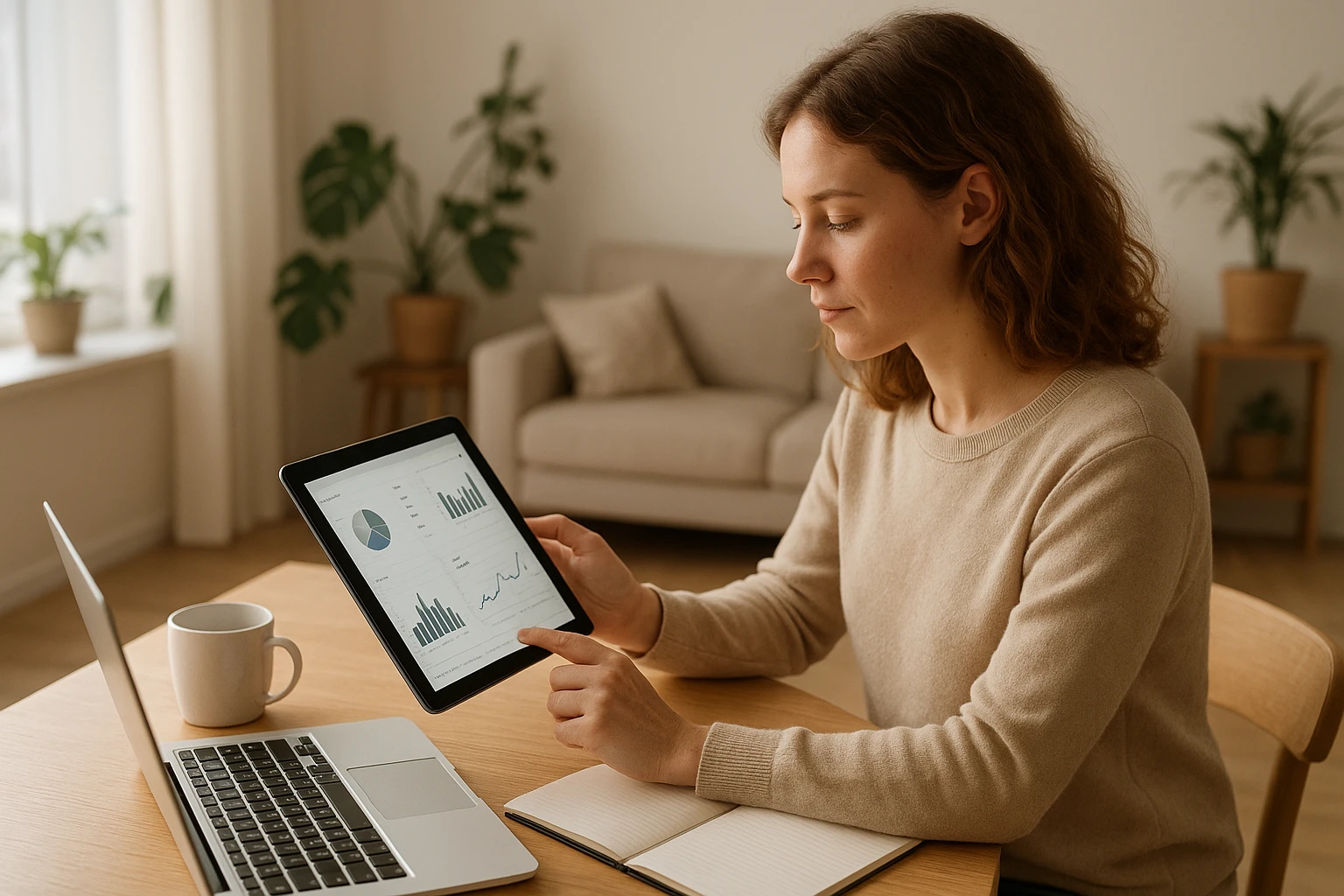 A natural, realistic image of a person working remotely and managing an online business, checking performance metrics on a tablet while seated at a desk in a bright apartment, plants in the background, soft shadows, clean modern style, warm neutral color temperature, no visible logos or text