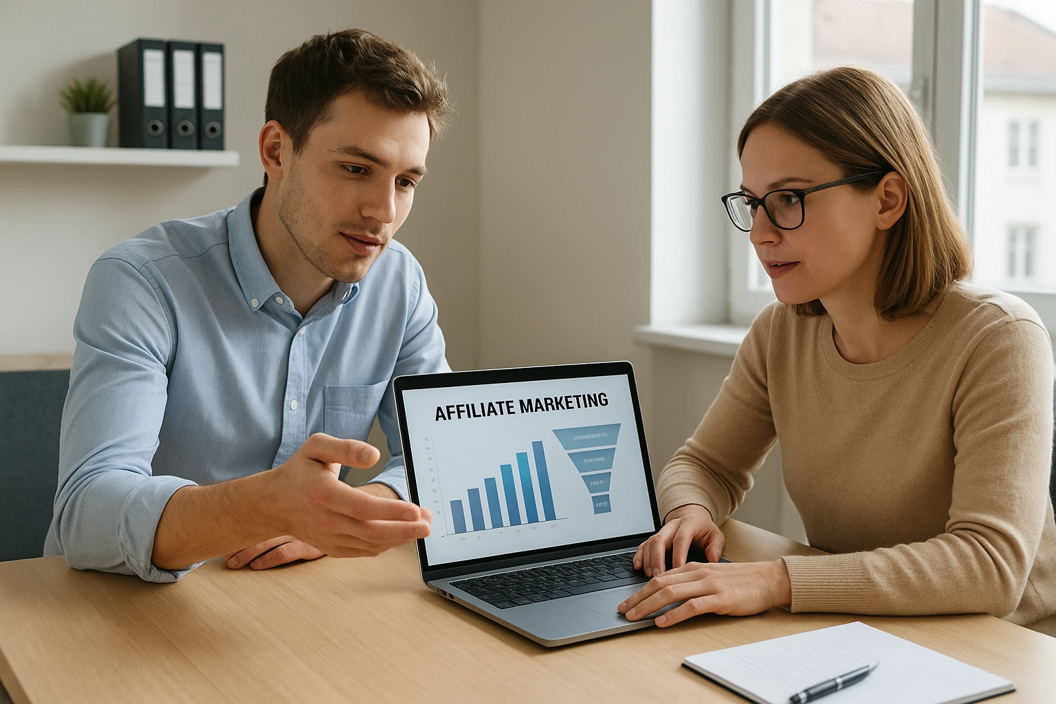 Authentische Szene in einem kleinen deutschen Büro: ein junger Unternehmer bespricht mit einer Kollegin die ersten Schritte im Affiliate Marketing, beide schauen auf einen Laptop mit Analyse- und Funnel-Übersicht, helle, natürliche Beleuchtung, realistische Kleidung und Gestik, sachlicher, moderner Foto-Look.