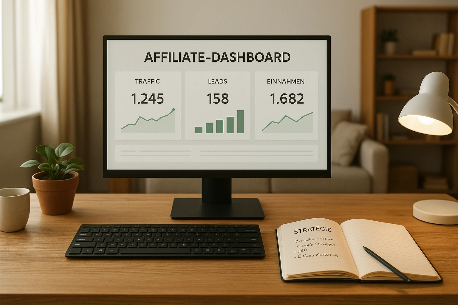 Helle, realistische Heimarbeitsplatz-Szene für einen deutschsprachigen Artikel über Affiliate Marketing: Bildschirm zeigt ein neutrales Affiliate-Dashboard mit Traffic, Leads und Einnahmen, daneben ein geöffnetes Notizbuch mit Strategieübersicht, gemütliche aber professionelle Atmosphäre, natürliche Farbtemperatur, keine Logos, keine Marken, fotorealistisch und glaubwürdig.