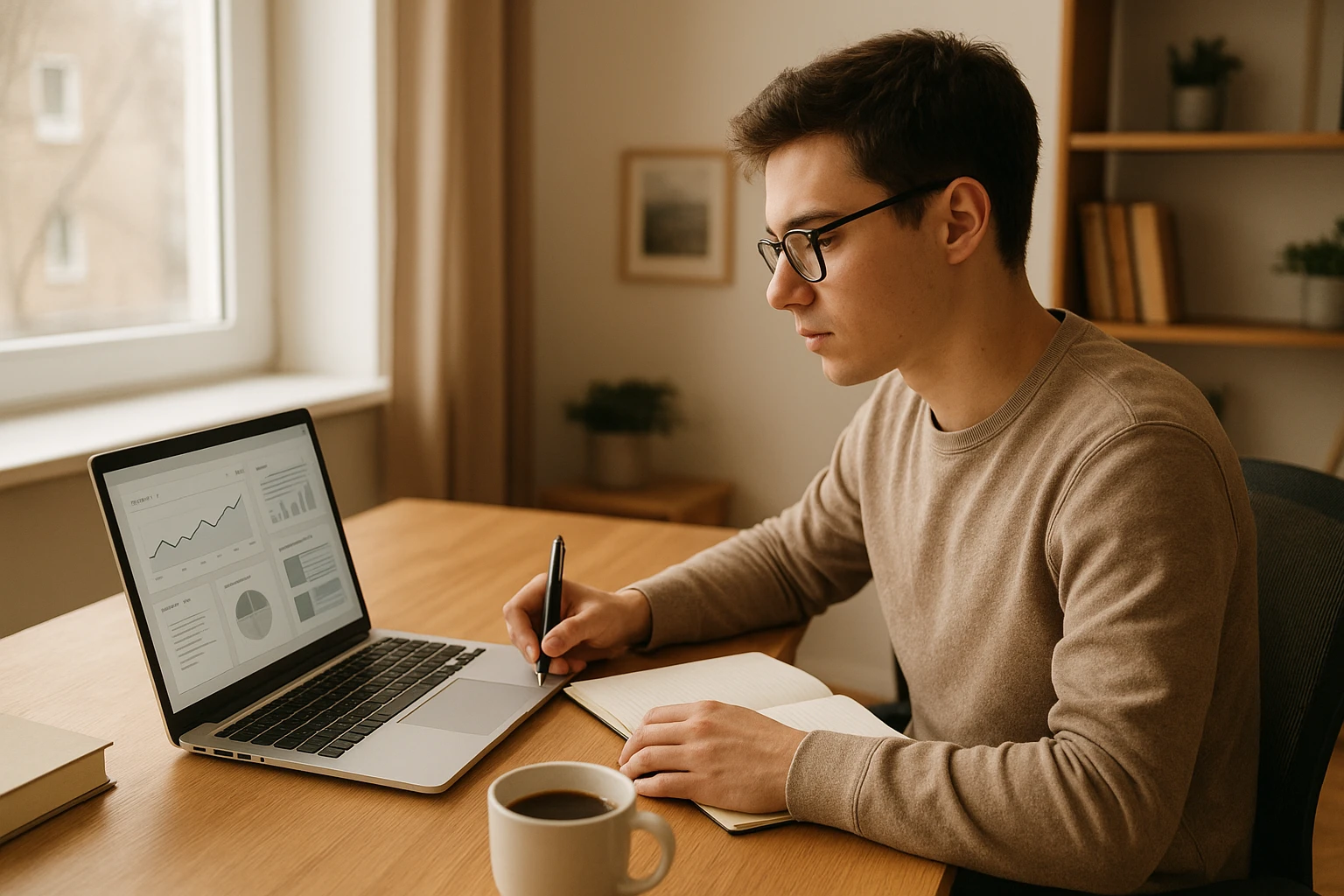 Realistische Szene in einem modernen Home-Office in Deutschland: eine junge Person sitzt am Schreibtisch mit Laptop, Notizblock und Kaffeetasse und plant den Einstieg ins Affiliate Marketing, auf dem Bildschirm sind neutrale Analyse-Dashboards und Website-Layouts zu sehen, natürliche Farben, warmes Tageslicht, authentische Details, fotografischer Stil.