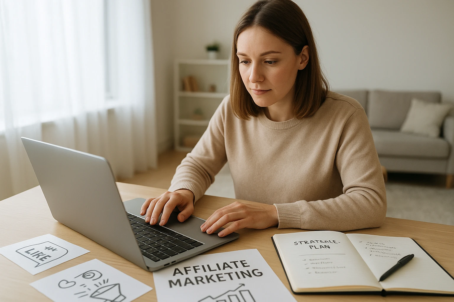 Realistische Szene einer deutschen Bloggerin oder eines Bloggers beim Schreiben eines Artikels über Affiliate Marketing: Person tippt am Laptop, auf dem Tisch liegen Skizzen für Social-Media-Posts und ein Notizbuch mit Strategie-Plan, moderne, helle Wohnung, weiches Fensterlicht, natürliche Hauttöne, authentische Fotografie.