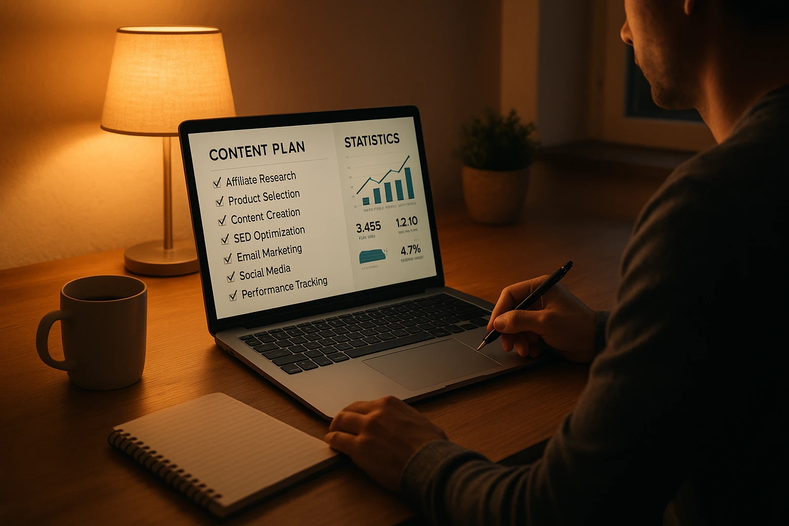 Realistische Lifestyle-Aufnahme: eine Person arbeitet am Abend im Home-Office an Affiliate-Marketing-Projekten, warme Lampe neben dem Laptop, auf dem Bildschirm ein Content-Plan und ein Statistik-Panel, ruhige, produktive Atmosphäre, natürliche Farbwiedergabe, hochwertiger Fotostil.