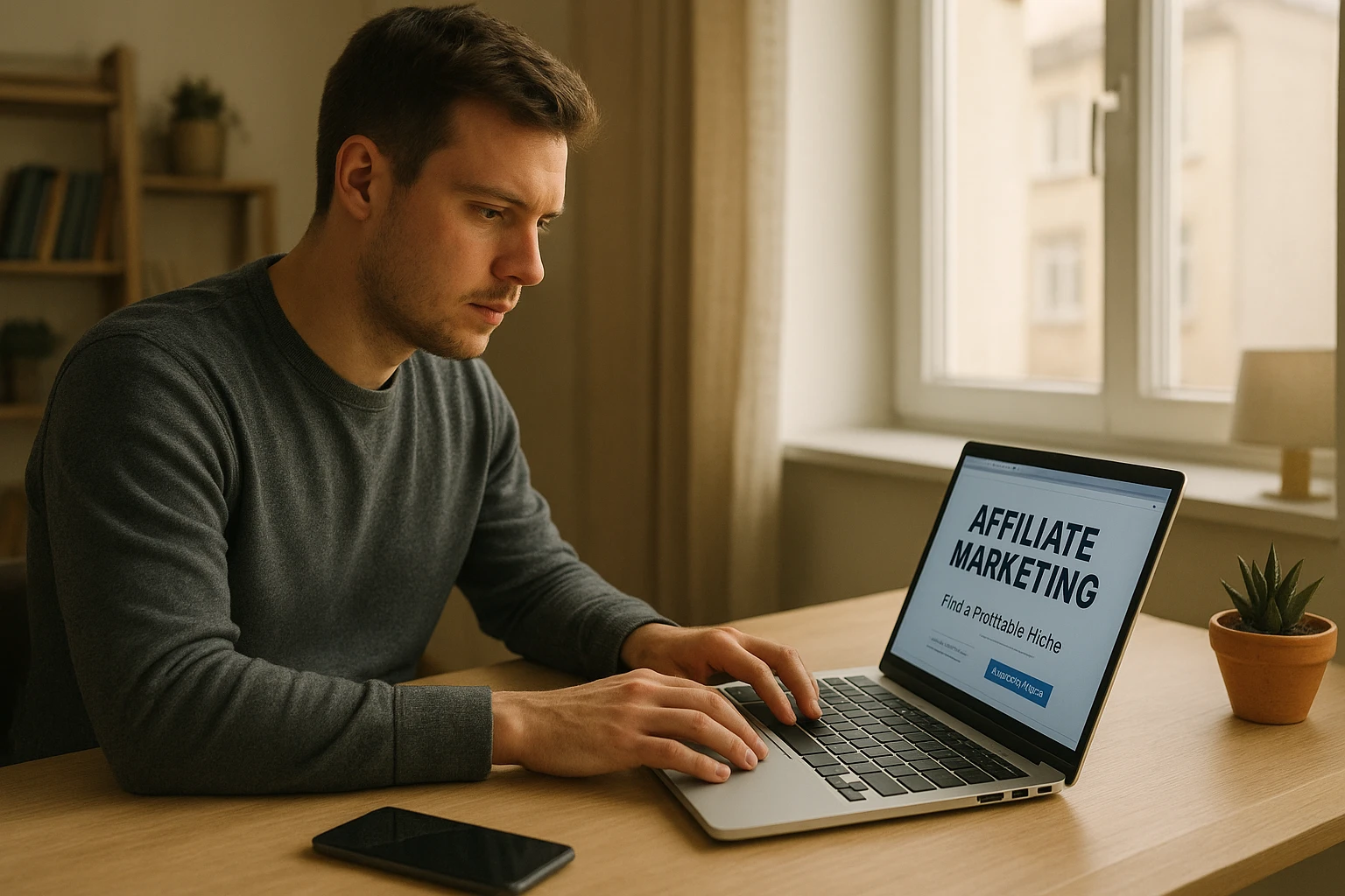 Realistic scene of a beginner starting affiliate marketing: a focused person researching niches and affiliate programs on a laptop, smartphone beside the keyboard, clean desk, cozy home office, soft natural window light, authentic German apartment style, balanced color temperature.